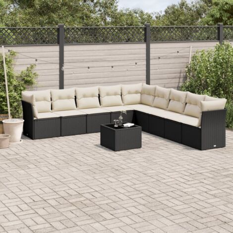 Ensemble Salon Jardin 10 Places Noir Résine Tressée avec Coussins Crème - 6 Sièges Centraux, 3 Coins, Table Verre Trempé - Modulaire Extérieur (1/5)