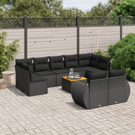Ensemble Salon Jardin 10 Places Noir Résine Tressée avec Coussins - Table Acacia - Meuble Extérieur Modulaire (1/5)