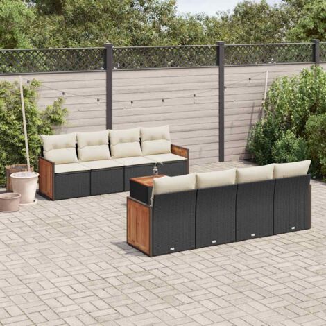 Ensemble Jardin 9 Places Résine Tressée Noir avec Table Acacia et Coussins Crème - Mobilier Extérieur Modulaire avec Rangement Intégré (1/3)