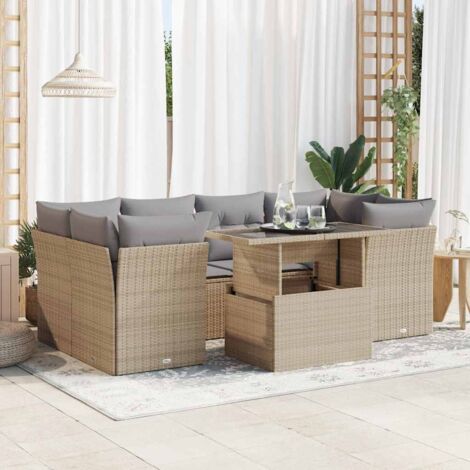 Salon de jardin 7 pièces en résine tressée beige avec coussins gris – table réglable, rangement intégré et cadre acier (1/5)