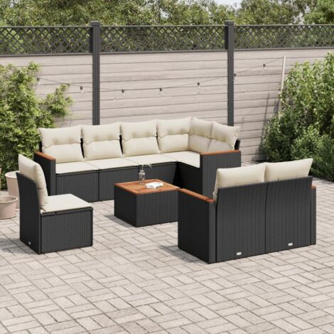 Ensemble Jardin 9 Places Noir Résine Tressée - Salon Extérieur Modulaire avec Table Acacia et Coussins Crème (1/5)