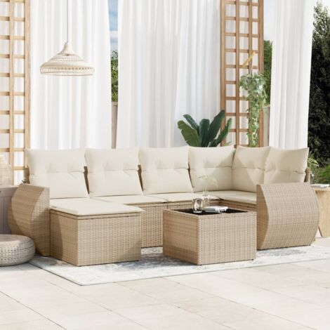 Salon de jardin 7 pièces en résine tressée beige avec coussins crème, rangement intégré et table en verre trempé (1/3)