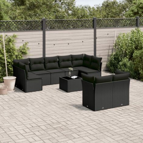 Ensemble de Jardin 10 Places Noir Résine Tressée avec Table Verre Trempé et Coussins Détachables (1/3)