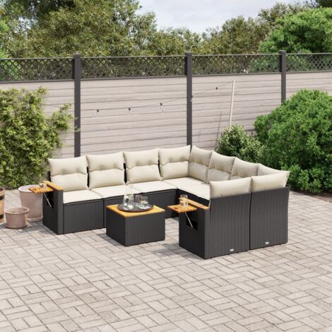 Ensemble Salon Jardin 9 Places Noir Résine Tressée avec Coussins Crème - Mobilier Extérieur Modulaire avec Rangement et Table Acacia (1/3)