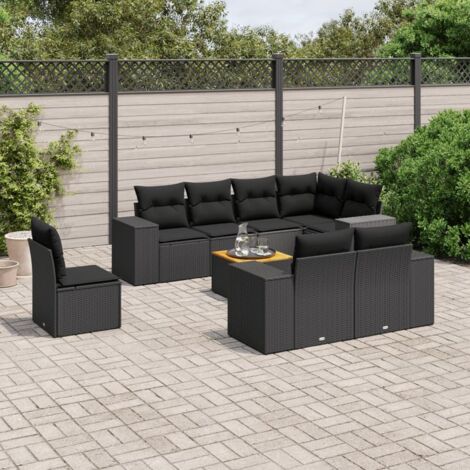 Ensemble Jardin 9 Places Noir Résine Tressée avec Coussins - Salon Extérieur Modulaire Acacia (1/5)