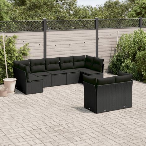 Ensemble Salon Jardin 9 Places Noir Résine Tressée avec Coussins - 5 Sièges Centraux + 4 Coins - Mobilier Extérieur Modulaire (1/3)
