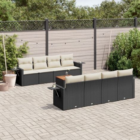 Ensemble Salon Jardin 9 Places Noir Résine Tressée avec Coussins Crème - 4 Fauteuils + 4 Canapés + 1 Table Acacia - Stockage Intégré (1/3)