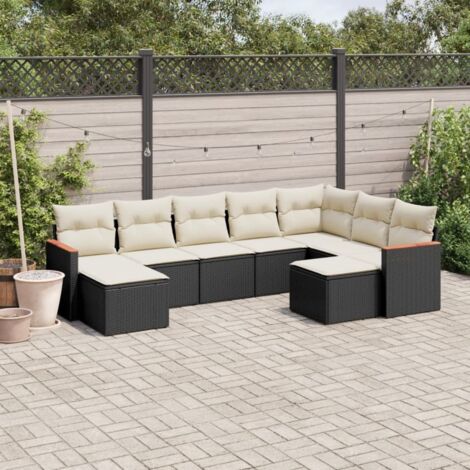 Ensemble Salon Jardin 9 Places Résine Tressée Noir avec Coussins Crème - Mobilier Extérieur Modulaire avec Rangement (1/3)