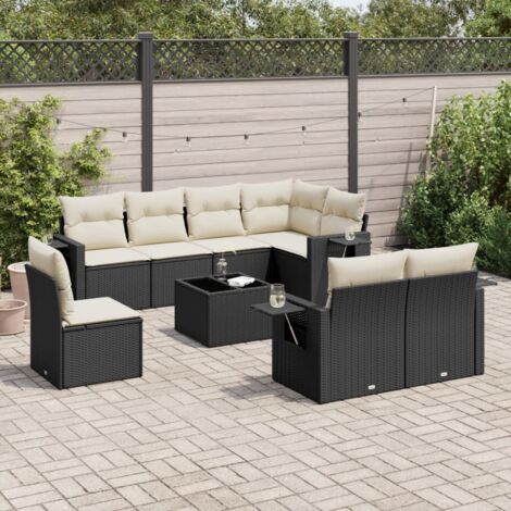 Salon de jardin 9 places noir résine tressée avec coussins crème - Ensemble modulaire table verre trempé et tables d'appoint (1/5)