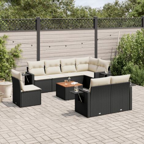 Ensemble Salon Jardin 9 Places Noir Résine Tressée avec Table Acacia et Coussins Crème - Mobilier Extérieur Modulaire avec Rangement (1/3)