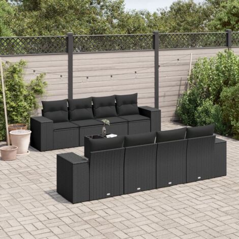 Ensemble Salon Jardin 9 Places Noir Résine Tressée avec Table Verre Trempé et Coussins Lavables - Stockage Intégré (1/3)