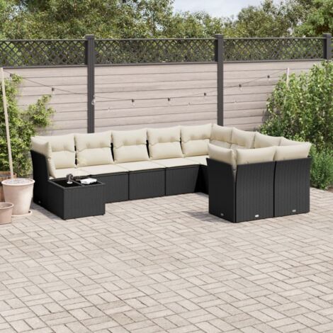 Ensemble de jardin 10 places noir résine tressée avec table en verre trempé et coussins déhoussables - Salon d'extérieur modulaire 9 sièges (1/5)
