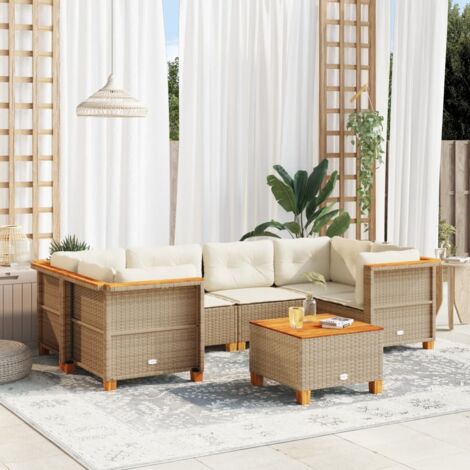 Canapé de jardin 7 pièces en résine tressée beige avec coussins crème, acacia massif et structure acier – salon modulable (1/5)