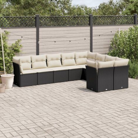 Ensemble Salon Jardin 9 Places Noir Résine Tressée avec Coussins Crème - Meuble Extérieur Modulaire (1/5)