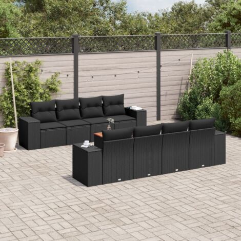 Ensemble Jardin 9 Places Noir Résine Tressée avec Coussins et Table Acacia - Mobilier Extérieur Modulaire avec Rangement (1/3)