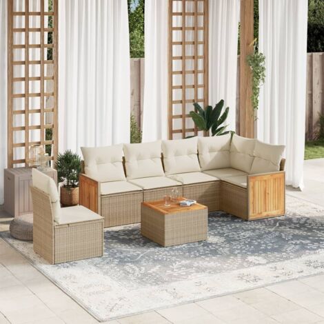 Salon de jardin 7 pièces en résine tressée beige avec coussins lavables – Table en acacia & siège modulaire (1/5)