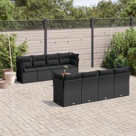 Ensemble Jardin 9 Places Noir Résine Tressée - Salon Extérieur avec Coussins, Table Acacia et Rangement Intégré (1/5)
