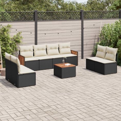Ensemble Salon Jardin 9 Places Noir Résine Tressée avec Coussins Crème - Table Acacia et Espace Rangement (1/3)