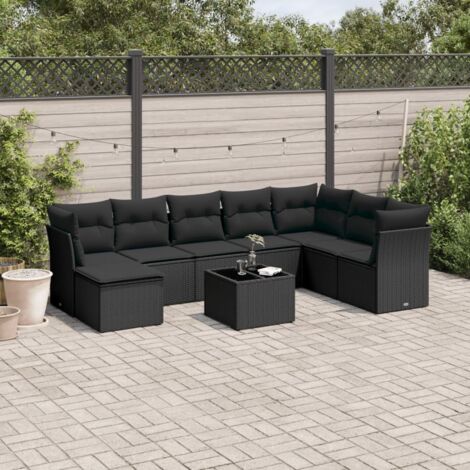 Ensemble de jardin 9 places en résine tressée noire avec coussins - Salon extérieur modulaire avec table en verre trempé (1/3)