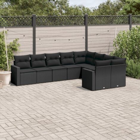 Ensemble Salon Jardin 9 Places Noir Résine Tressée avec Coussins - 2 Sièges Coin, 5 Centraux, 2 Canapés Accoudoirs (1/5)