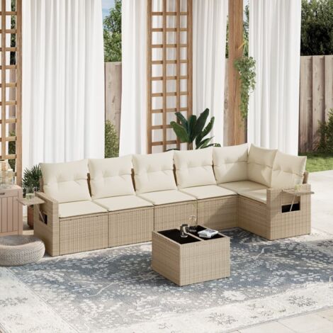 Canapé de jardin 7 pièces en résine tressée beige avec coussins crème – Table en verre trempé, design modulaire et UV résistant (1/5)