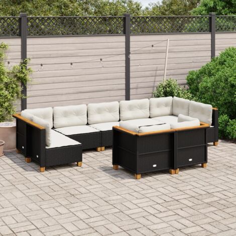 Ensemble de jardin 9 places en résine tressée noire avec coussins - Salon d'extérieur modulaire avec pieds en acacia et housses lavables (1/5)