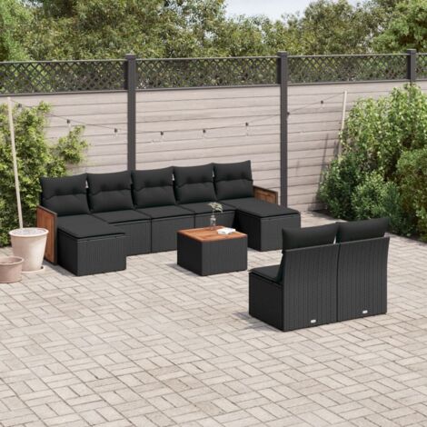Ensemble Jardin 10 Places Résine Tressée Noir avec Coussins - Salon Extérieur Modulaire Acacia (1/5)