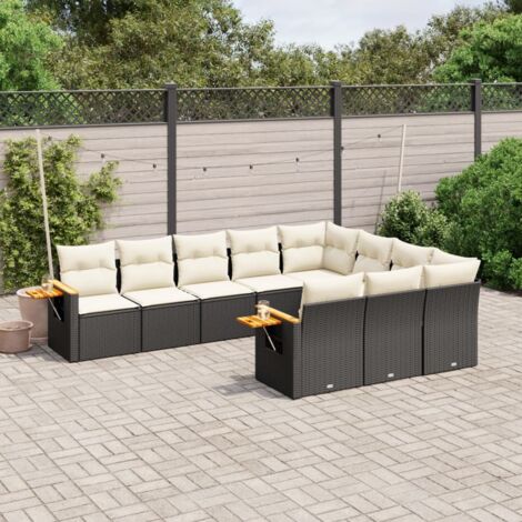 Ensemble Salon Jardin 10 Places Noir Résine Tressée avec Coussins Crème - Mobilier Extérieur Modulaire avec Table d'Appoint (1/5)