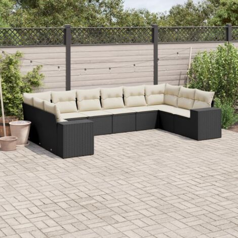Ensemble de jardin 10 places en résine tressée noire avec coussins crème - Salon modulaire pour terrasse (1/5)