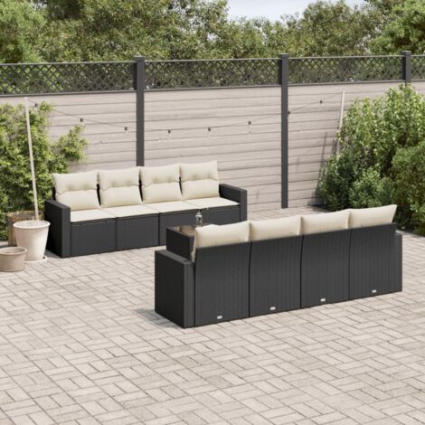 Ensemble de jardin 9 places en résine tressée noire avec coussins - Salon extérieur modulaire avec table en verre trempé (1/5)
