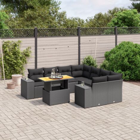 Ensemble Salon Jardin 9 Places Noir Résine Tressée avec Coussins - Table Réglable Hauteur, Modulaire, Housse Lavable (1/3)
