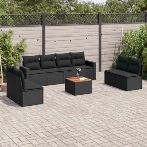 Ensemble jardin 9 places résine tressée noir avec table acacia et coussins amovibles - Salon extérieur modulaire (1/3)