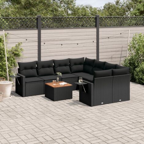 Ensemble Salon Jardin 9 Places Noir Résine Tressée - Canapés d'Angle et Centraux avec Table Acacia et Coussins Détachables (1/5)