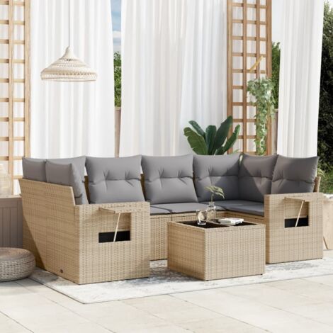 Canapé de jardin 7 pièces en résine tressée beige avec coussins gris – Table en verre trempé, design modulaire et UV résistant (1/5)