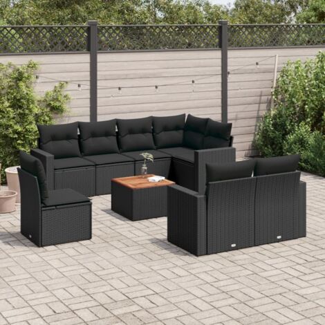 Ensemble Salon Jardin 9 Places Noir Résine Tressée - Canapés d'extérieur avec Coussins et Table Acacia - Mobilier Terrasse Modulaire (1/3)
