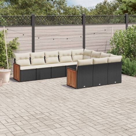 Ensemble Salon Jardin 10 Places Résine Tressée Noir avec Coussins Crème - Meuble Extérieur Modulaire avec Rangement et Housse Lavable (1/3)