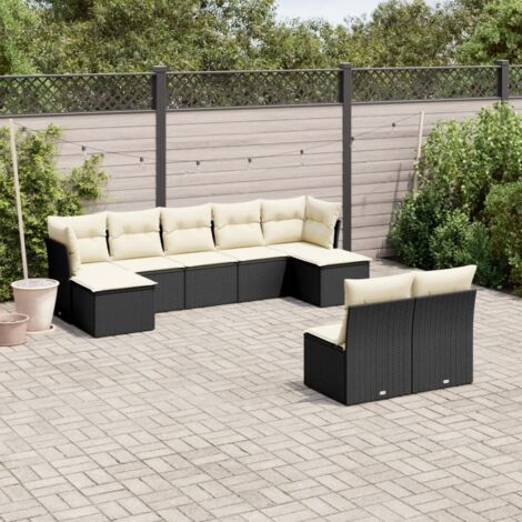 Ensemble Jardin 9 Places Noir Résine Tressée avec Coussins Crème - Salon Extérieur Modulaire (1/3)