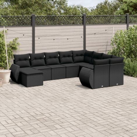 Ensemble Salon Jardin 10 Places Noir Résine Tressée avec Coussins - Table Verre Trempé - Modulaire (1/5)