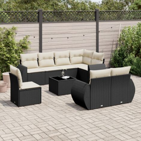 Ensemble Jardin 9 Places Noir Résine Tressée avec Table Verre Trempé et Coussins Crème - Salon Extérieur Modulaire avec Rangement (1/3)