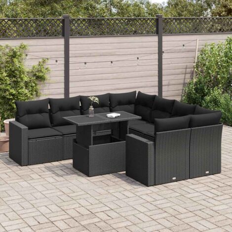 Ensemble Salon Jardin 9 Places Résine Tressée Noir avec Table Réglable et Coussins Lavables - Stockage Intégré (1/5)