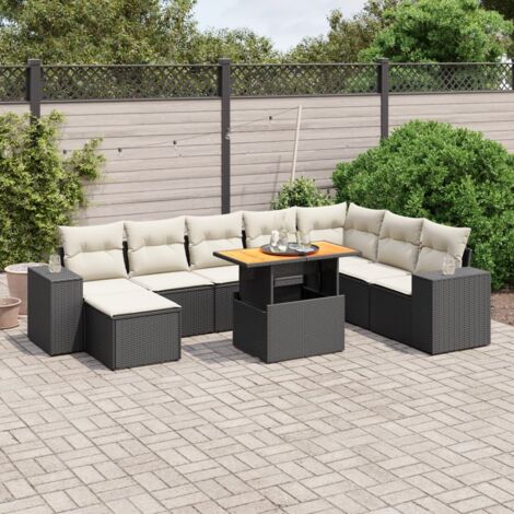 Ensemble Salon Jardin 9 Places Noir Résine Tressée avec Table Réglable et Coussins Crème - Meuble Extérieur Modulaire (1/4)