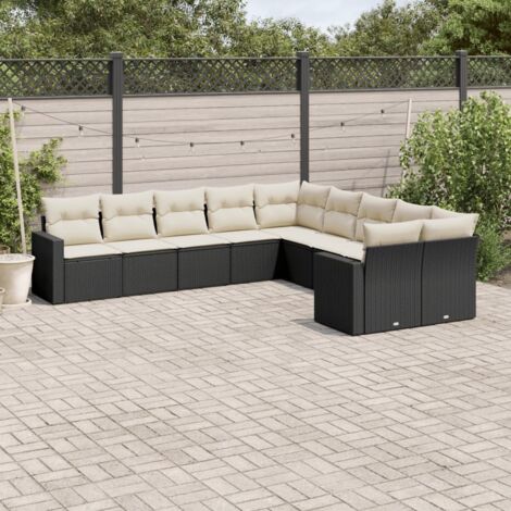 Ensemble de jardin 10 places en résine tressée noire avec coussins crème - Salon modulaire extérieur (1/5)