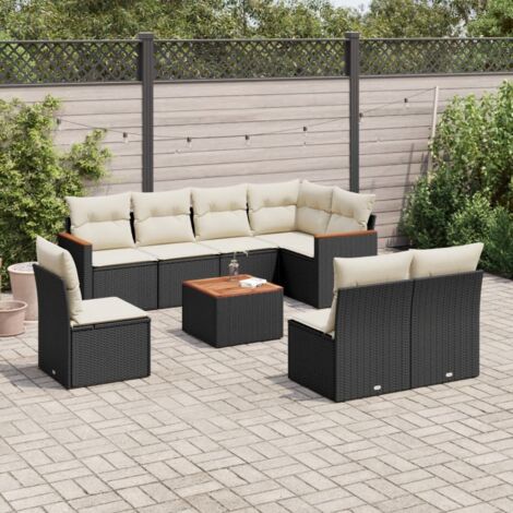 Ensemble Salon Jardin 9 Places Noir Résine Tressée avec Table Acacia et Coussins Crème - Meuble Extérieur Modulaire avec Rangement Intégré (1/3)
