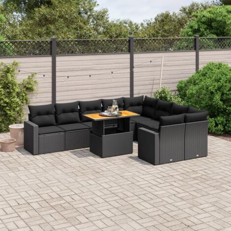 Ensemble Salon Jardin 10 Places Résine Tressée Noir avec Coussins - Table Réglable Hauteur, Meuble Extérieur Modulaire (1/3)