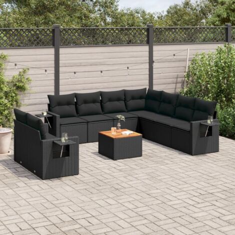 Ensemble de jardin 10 places en résine tressée noire avec coussins - Salon extérieur modulaire avec table en acacia (1/5)