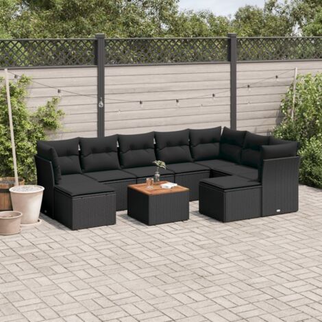 Salon de jardin 10 places en résine tressée noire avec coussins - Ensemble modulaire avec table en acacia et repose-pieds (1/3)