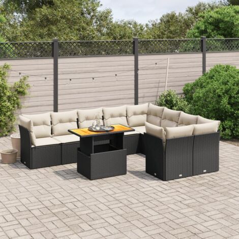 Ensemble Salon Jardin 10 Places Résine Tressée Noir avec Coussins Crème - Table Réglable Modulaire (1/3)