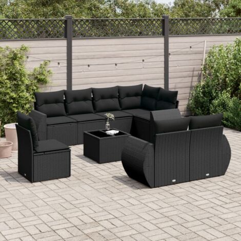 Ensemble Salon Jardin 9 Places Noir Résine Tressée avec Table Verre Trempé et Coussins Détachables (1/5)