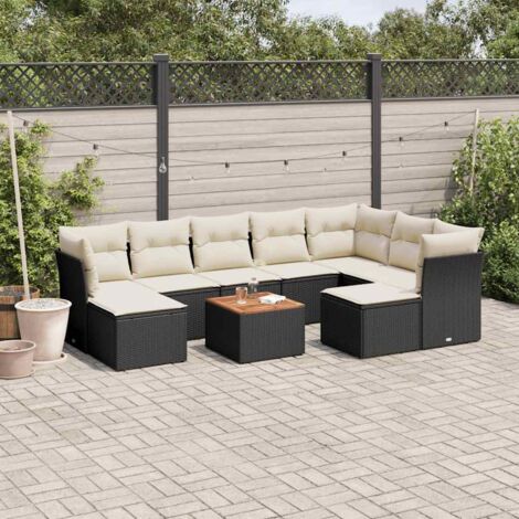 Ensemble Salon Jardin 10 Places Noir Résine Tressée avec Coussins Crème - Table Acacia et Rangement Intégré (1/5)