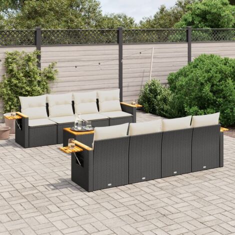 Ensemble Salon Jardin 9 Places Noir Résine Tressée avec Coussins Crème - Canapé Modulaire, Table Acacia et Housses Lavables (1/5)